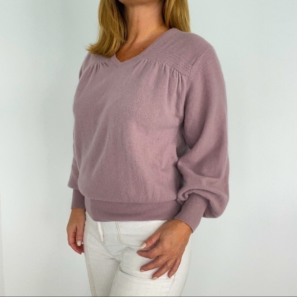 Vintage Lamb Wool Angora Blend Lilac Purple V Neck Puffy Sleeves Sweater S - Picture 2 of 8